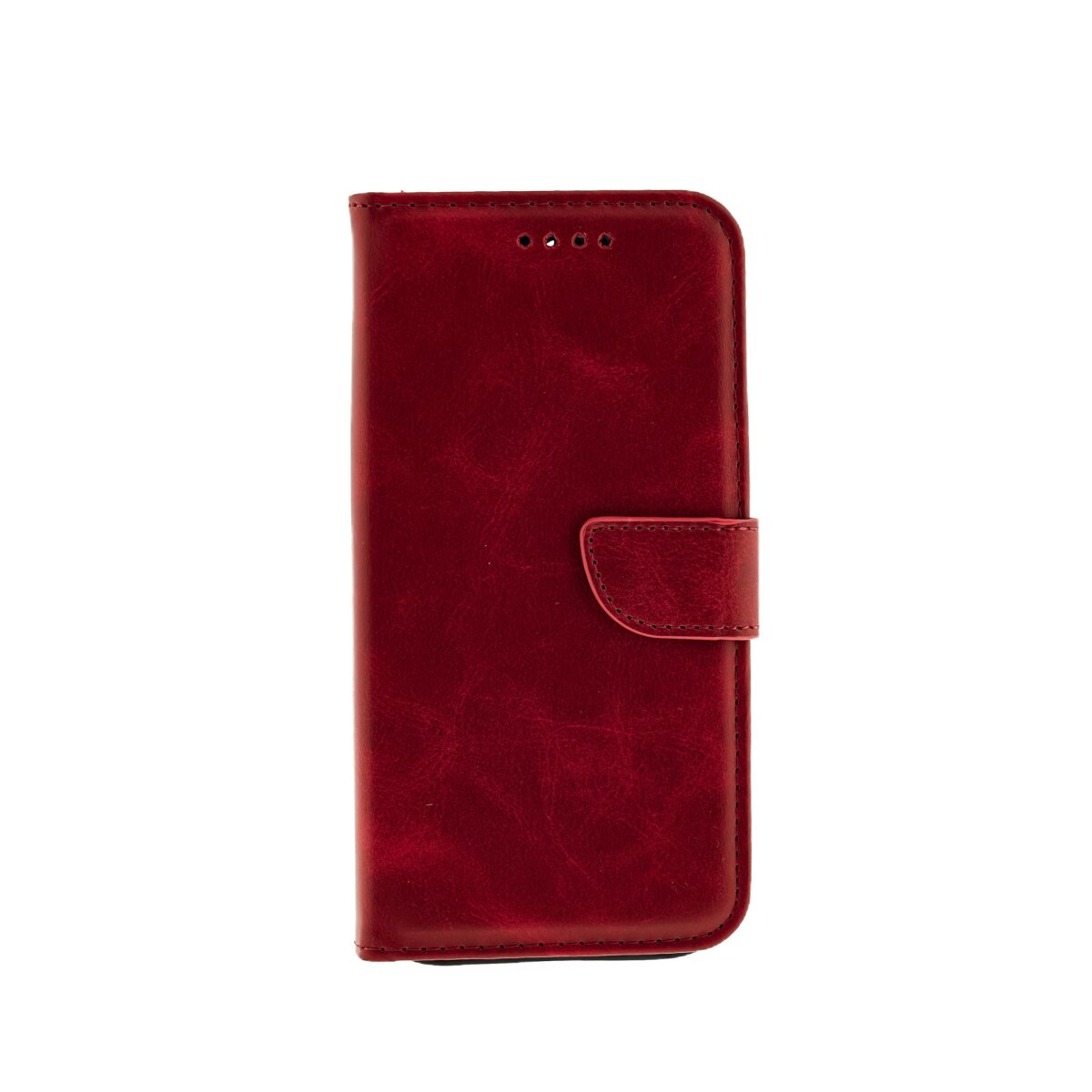 Una custodia per telefono in pelle rossa. Un bottone è sul davanti. Lo sfondo è bianco.
