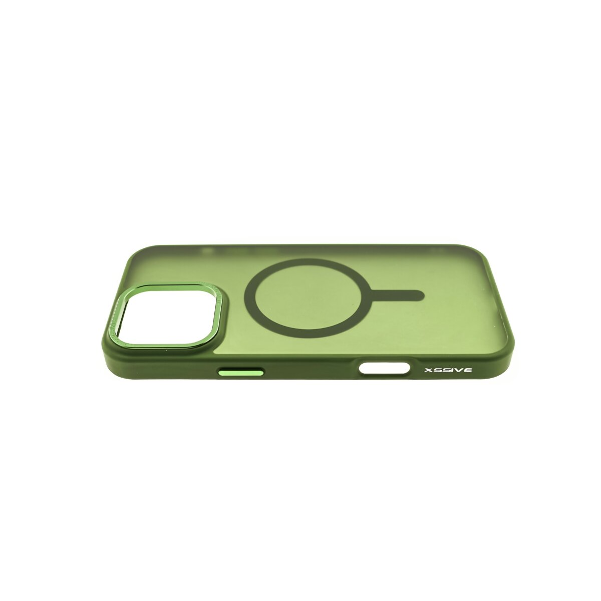 Custodia per telefono verde con un magnete circolare e un foro per la fotocamera, su sfondo bianco.