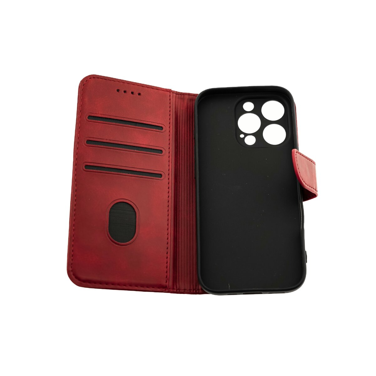 Una custodia per telefono rossa con interno nero e porta carte.
