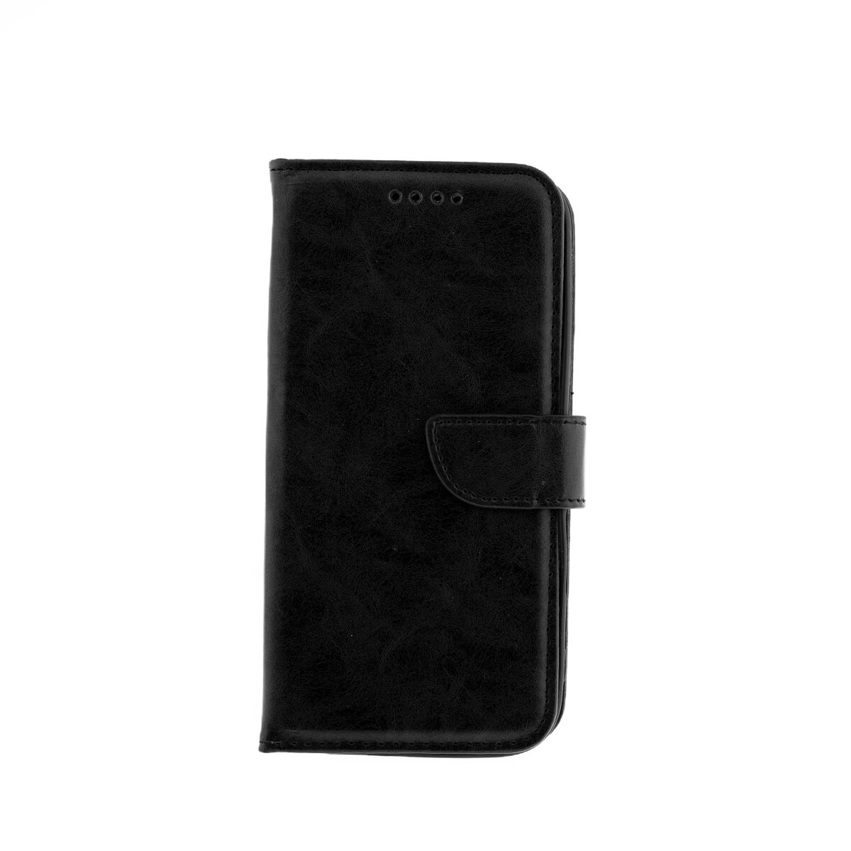 Custodia per telefono in pelle nera con patta e chiusura.