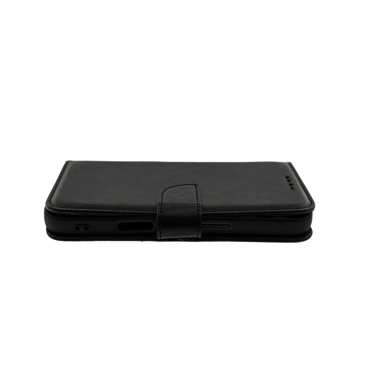 Custodia per telefono nera, chiusa. Ha una chiusura magnetica e una consistenza liscia, simile alla pelle.