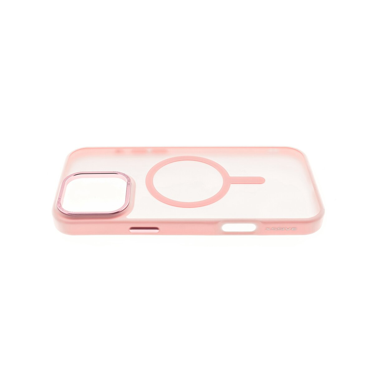 Custodia rosa per telefono con anello e cerchio magnetico, sfondo bianco. Vista dall'alto.