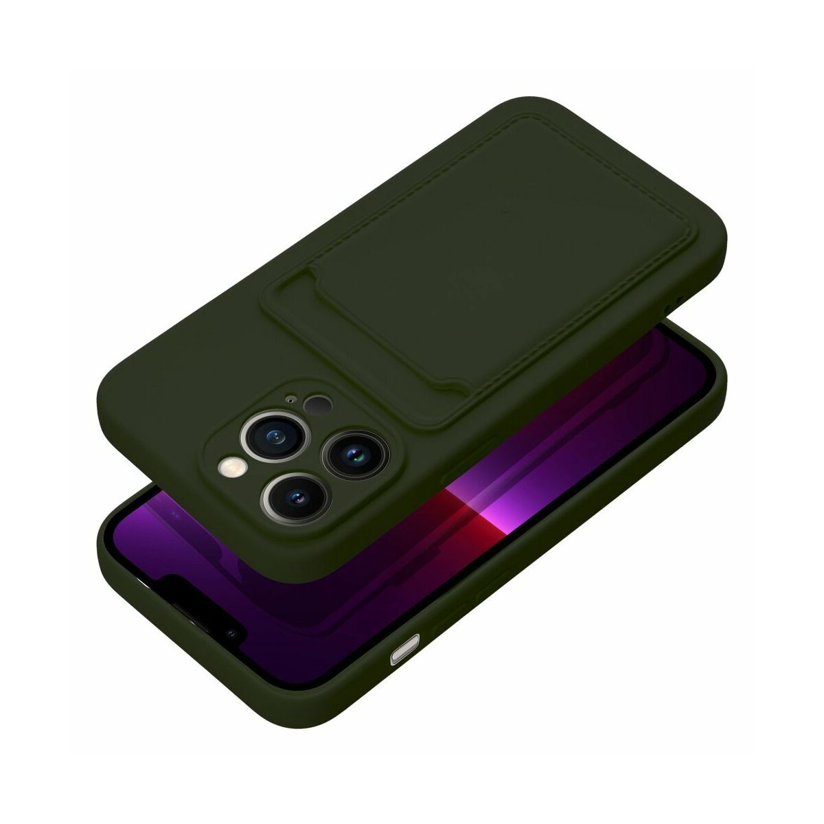 Un iPhone in una custodia verde con portacarte, che mostra fronte e retro, sfondo bianco.