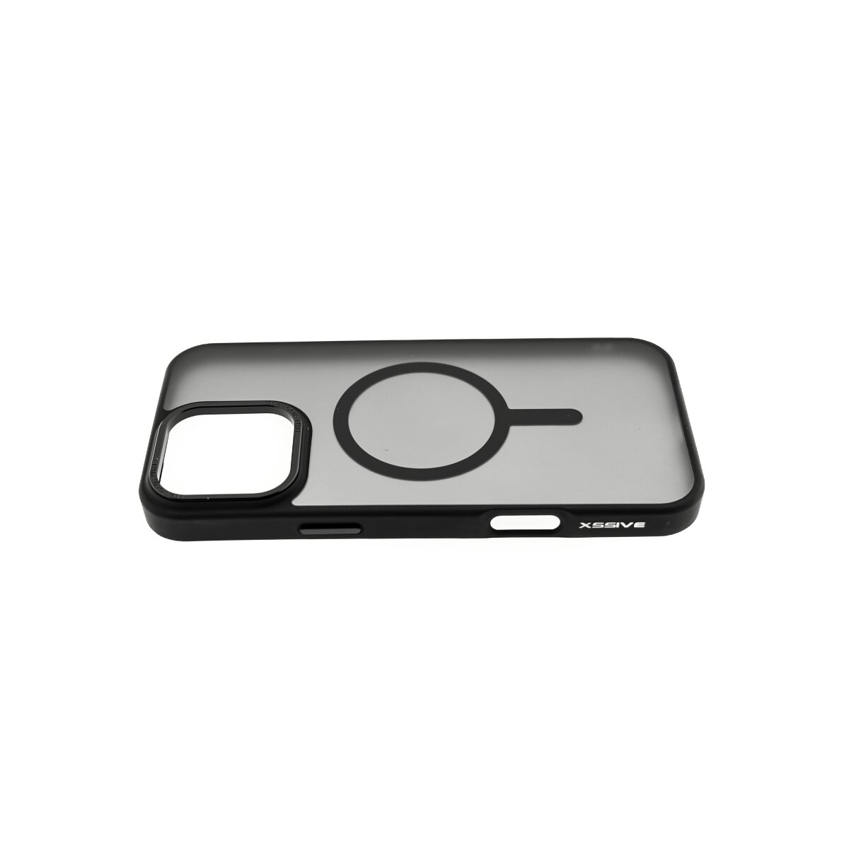 Custodia per telefono nera e trasparente. Ha un cerchio nero per un caricatore magsafe e un telaio nero.