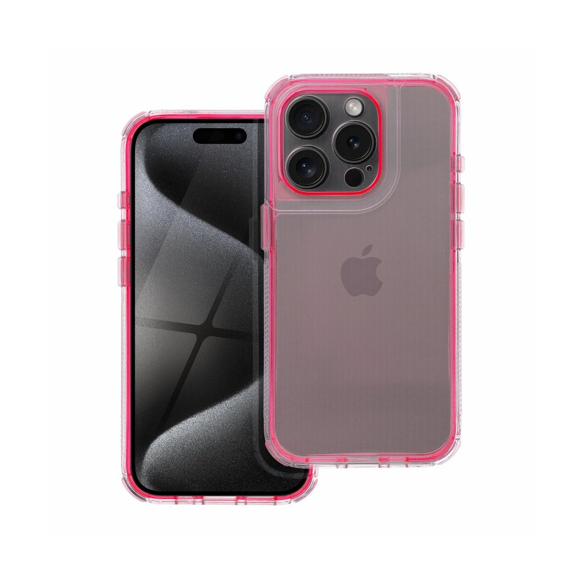 Telefono con custodia rosa e trasparente. Lo sfondo è bianco. La custodia ha il logo Apple.