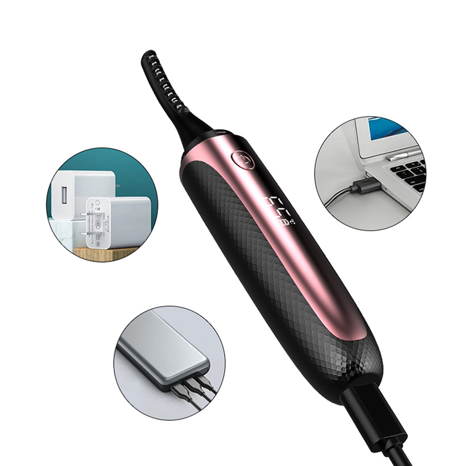 Ein Wimpernzange mit Ladezubehör, in einer Produktaufnahme mit weißem Hintergrund.