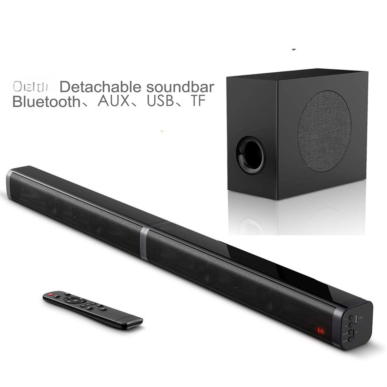 Eine abnehmbare Soundbar mit Subwoofer und Fernbedienung.