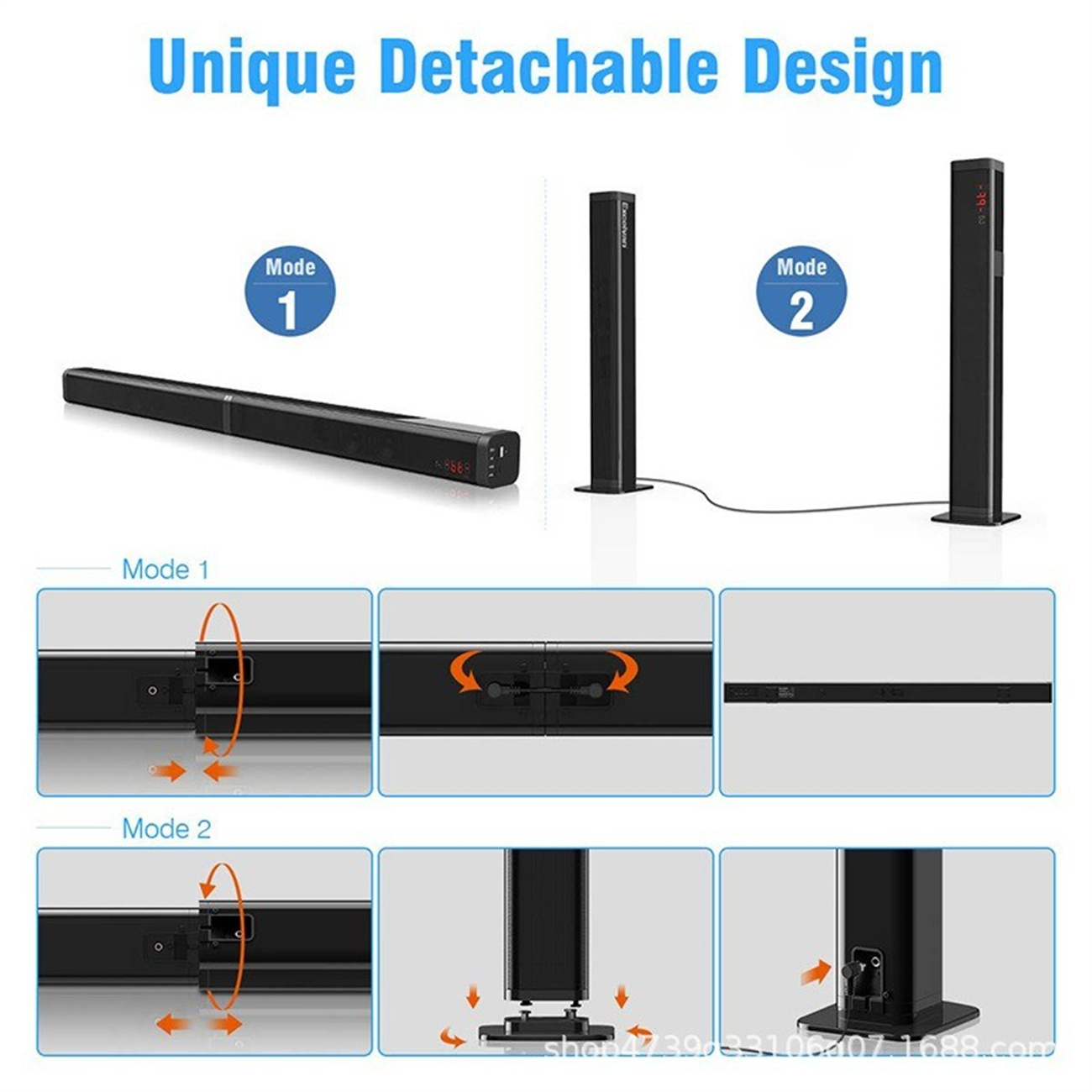 Schwarze Soundbar und Lautsprecher in zwei Modi. Ein Modus ist eine Soundbar, der andere zwei.