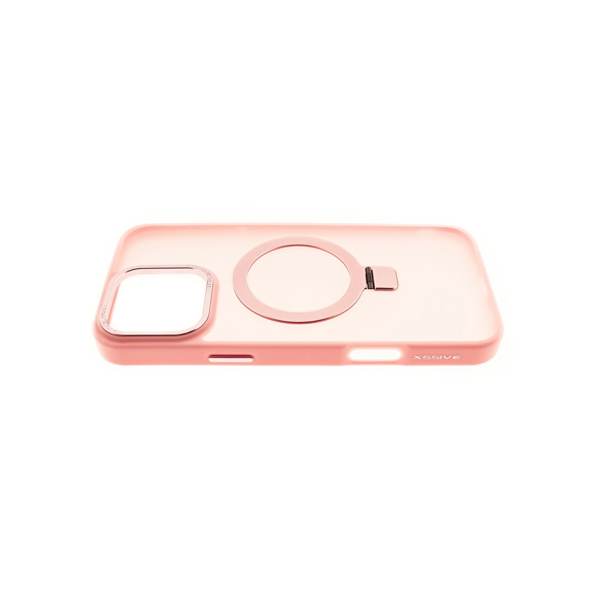 Custodia rosa con anello porta telefono su superficie bianca.