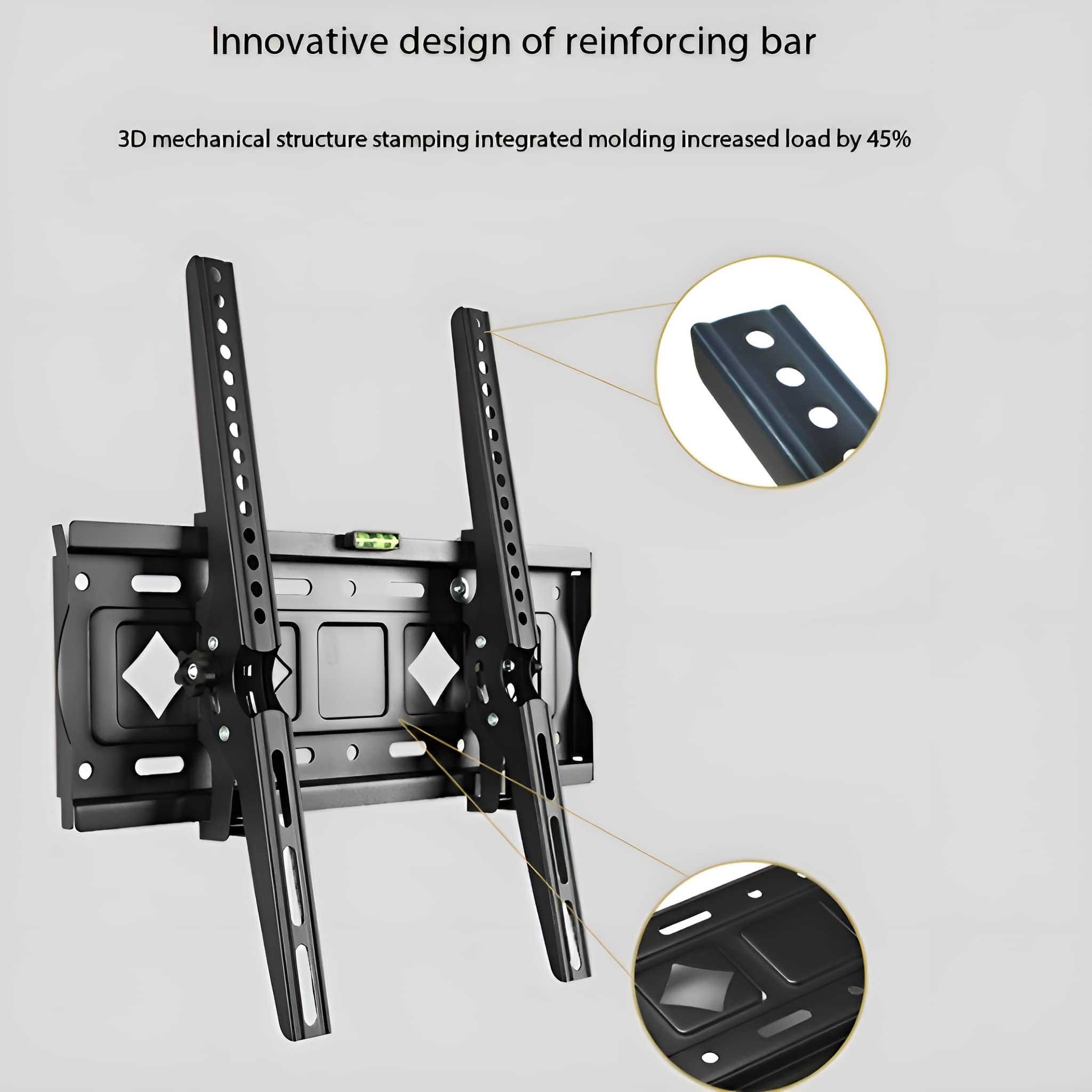 Schwarze TV-Halterung mit zwei Halterungen und Details. Text: 'Innovatives Design der Verstärkungsstange'.