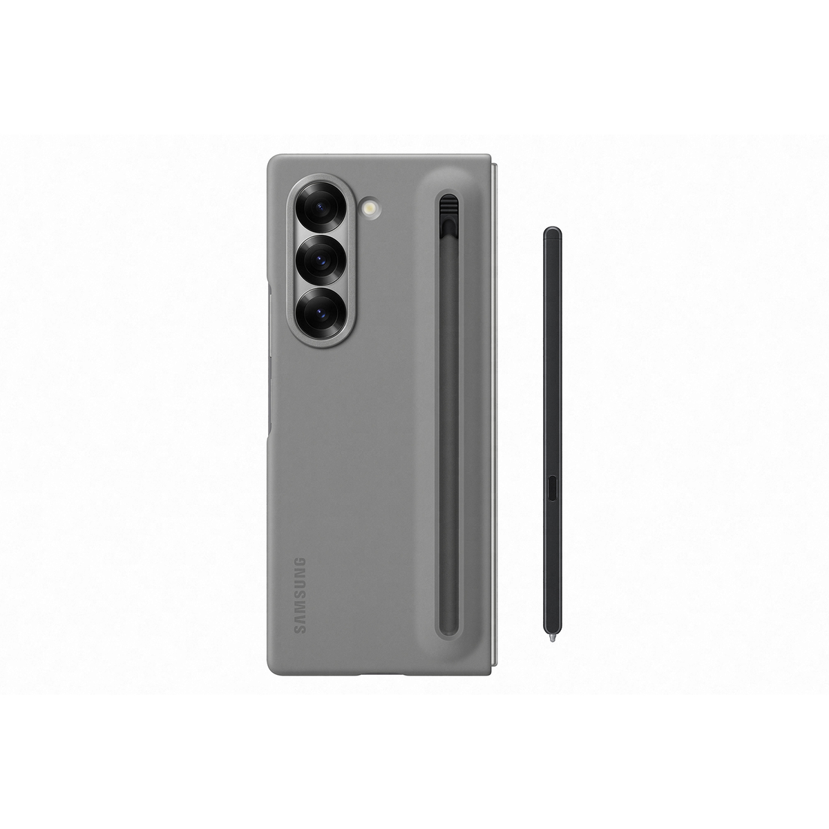 Teléfono plegable gris y un lápiz óptico negro. El teléfono está cerrado con la cámara visible. Fondo blanco.