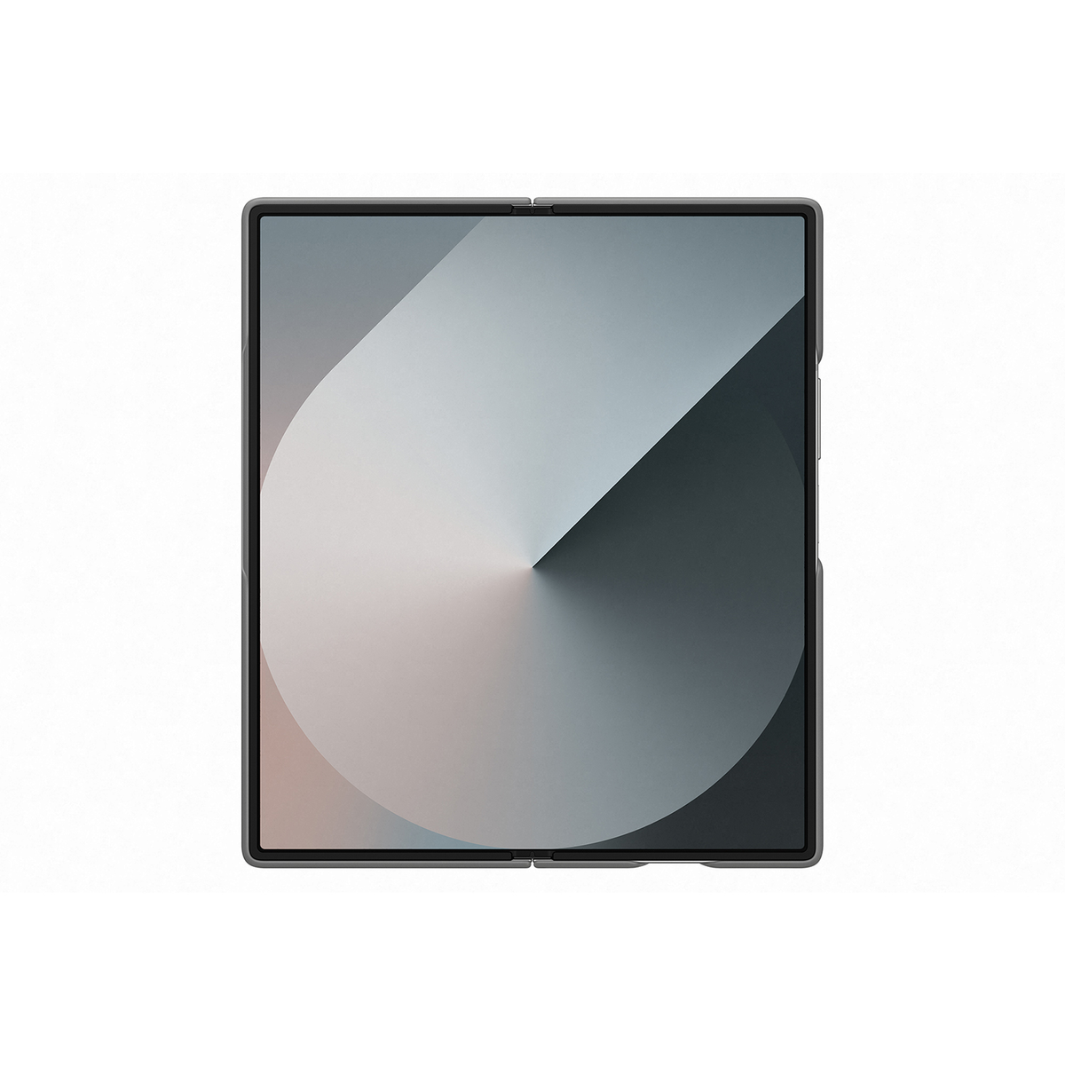 Una tableta plegable gris con una pantalla con gradiente de color sobre un fondo blanco.