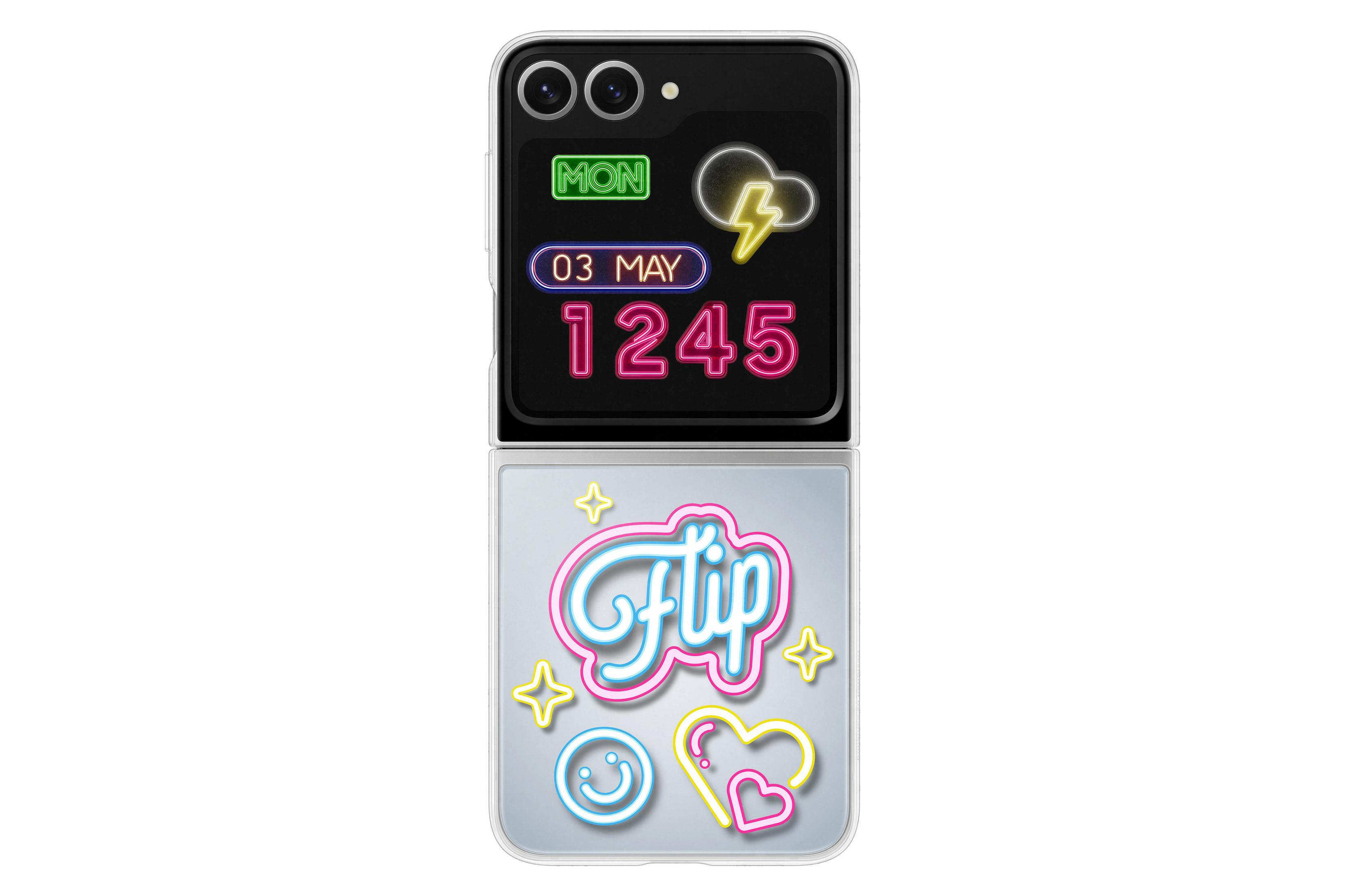 Schermo del telefono in bianco e nero con design al neon, che mostra data, ora e icone.
