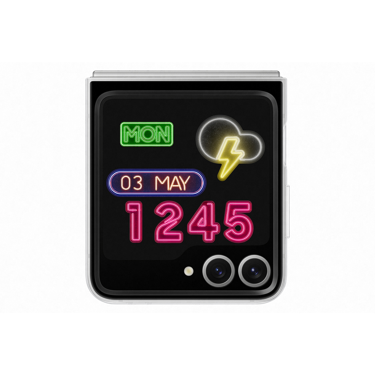 Schermo di smartphone chiuso mostra data, ora e icone meteo in colori neon.