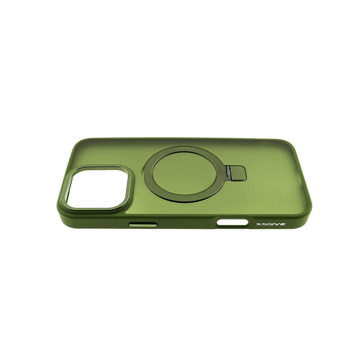 Una custodia per telefono verde trasparente con un porta anelli. La custodia è su una superficie bianca.