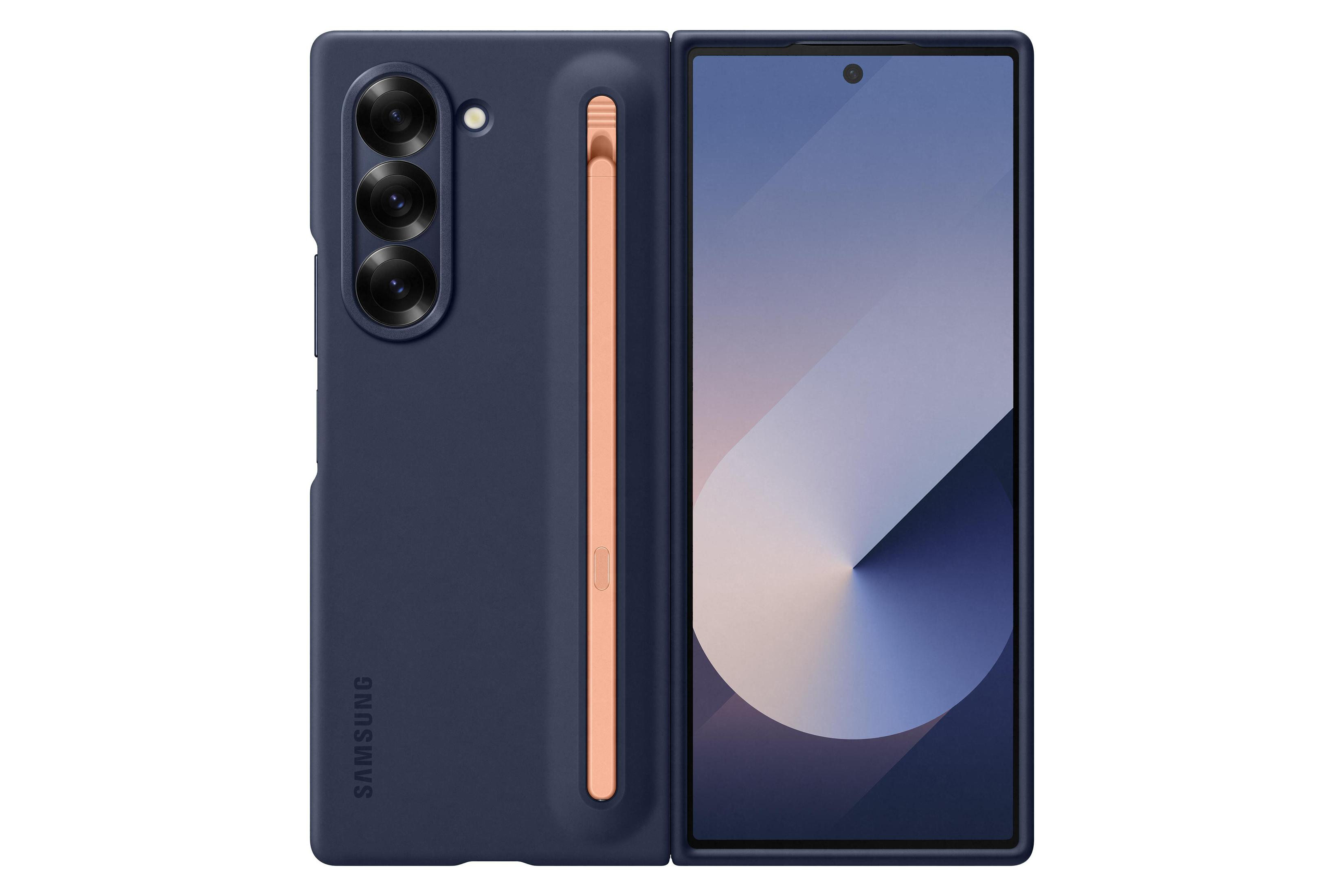 Teléfono plegable azul marino con lápiz óptico naranja, abierto con pantalla visible.