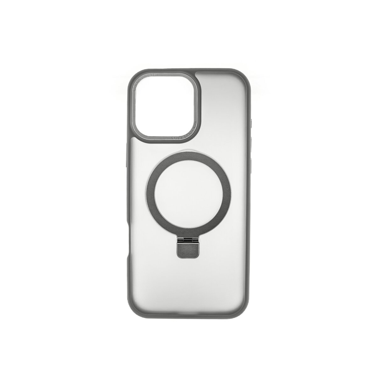 Custodia per telefono grigia con anello nero e supporto nero. Sfondo bianco.