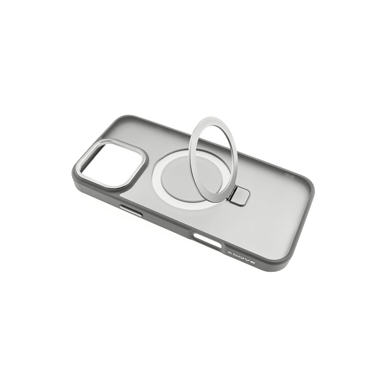 Una custodia grigia per telefono con un anello argentato al centro. La custodia ha un retro trasparente.