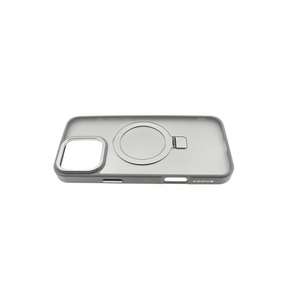 Custodia grigia per telefono con un anello argentato. La custodia è su sfondo bianco.