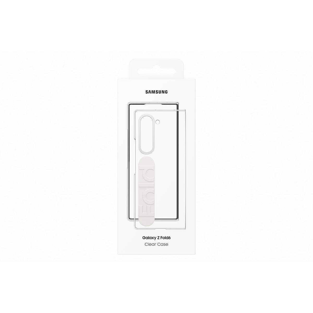 Przezroczyste etui Samsung Galaxy Z Fold4 w opakowaniu. Białe tło.