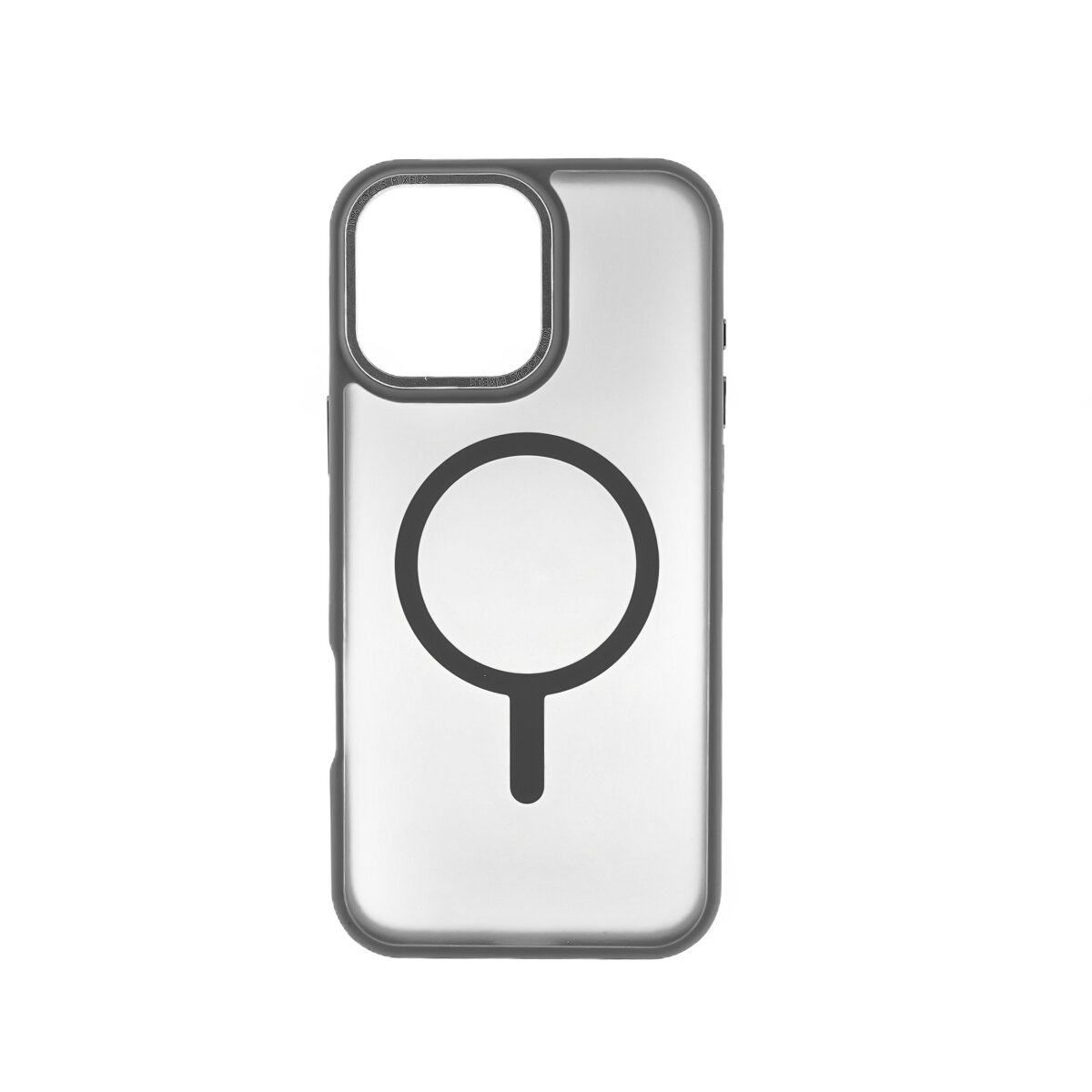Custodia trasparente con anello MagSafe nero e bordi grigi.