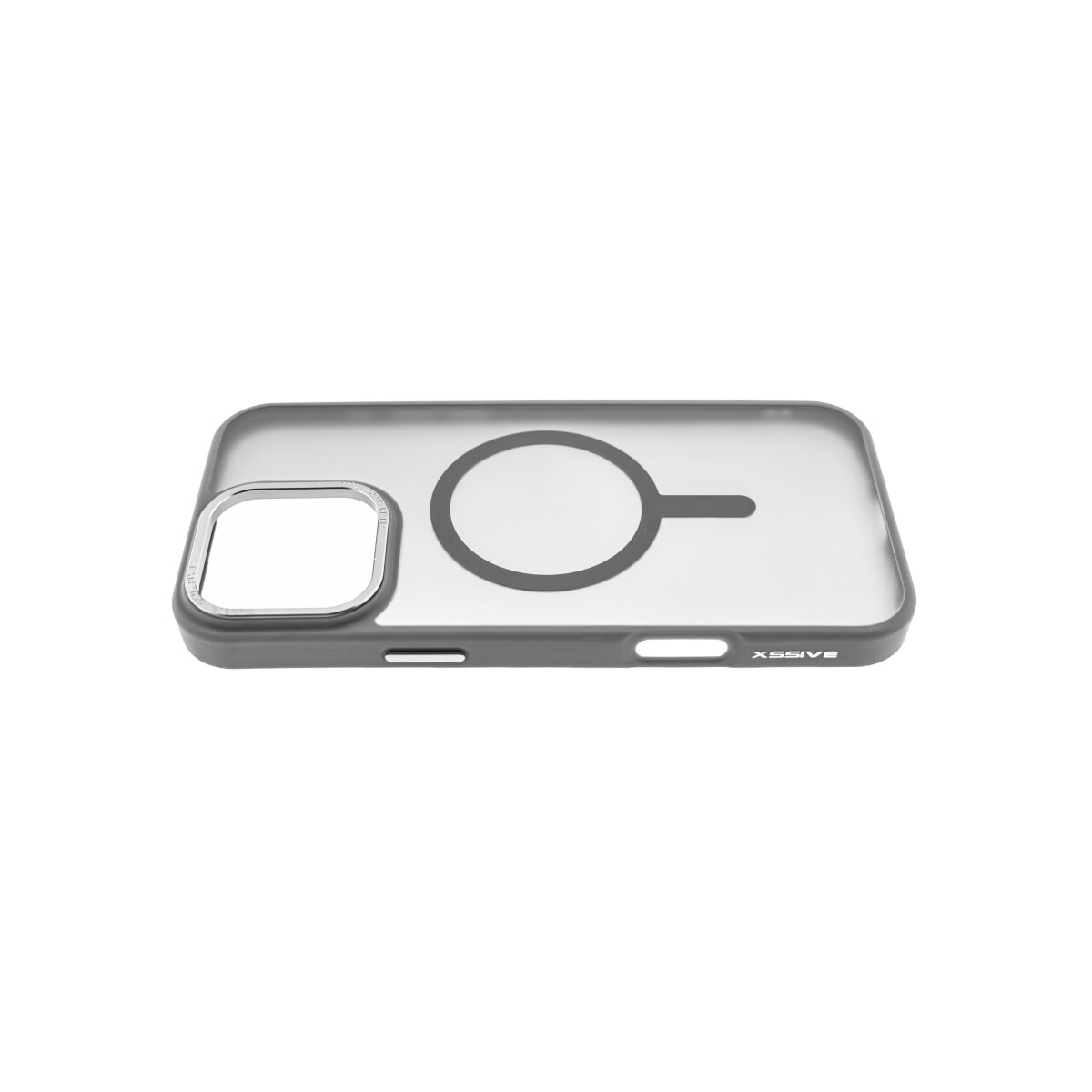 Una custodia trasparente per telefono con ritaglio argentato per la fotocamera e anello magnetico nero.