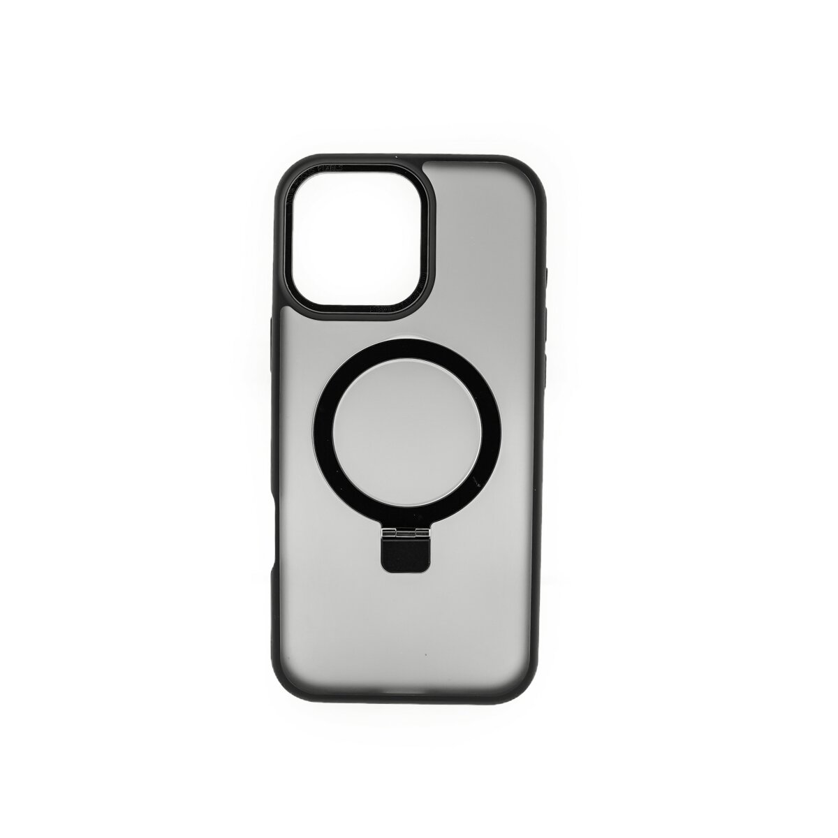 Custodia nera per telefono con anello e magnete neri su sfondo bianco. La custodia è grigia ed elegante.