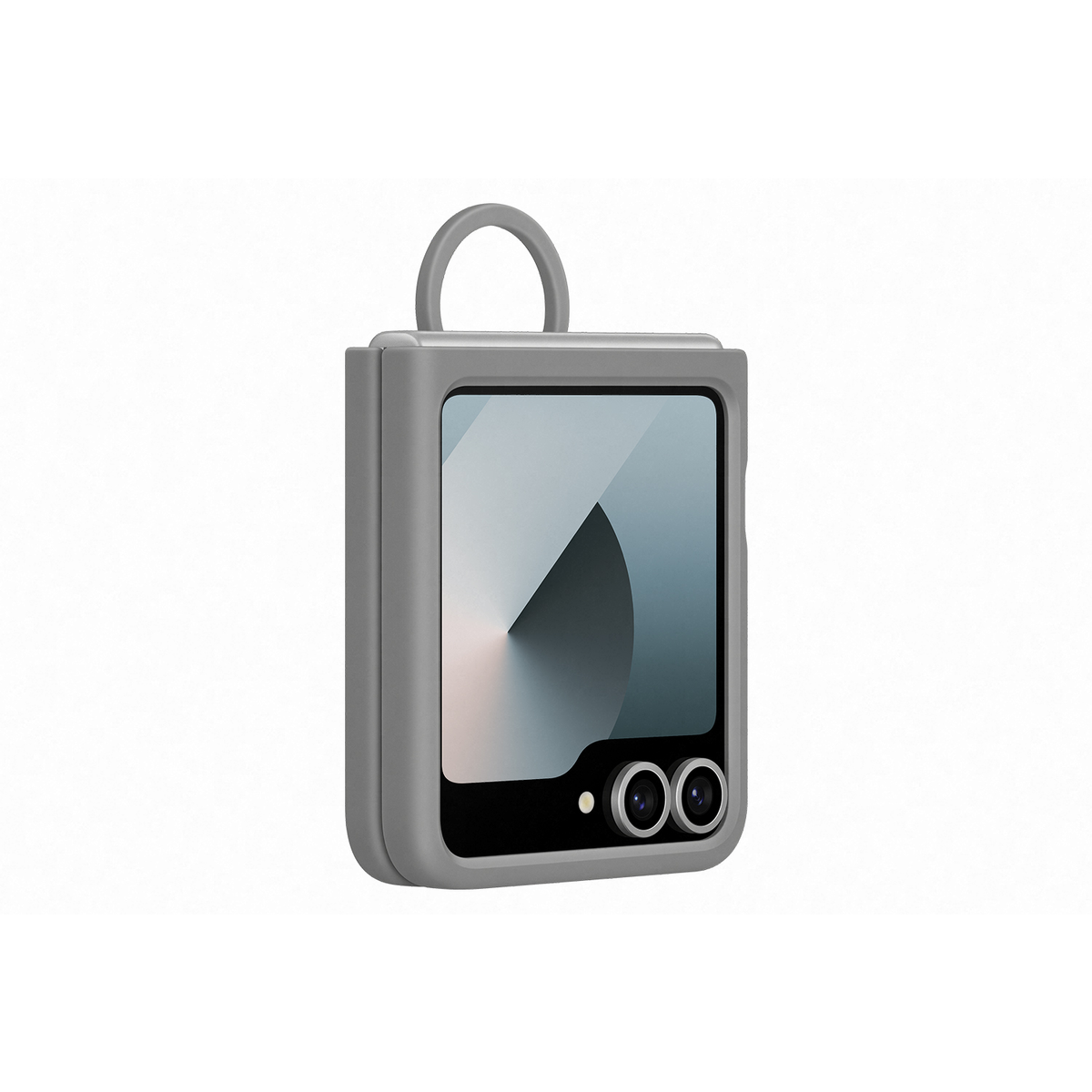 Uno smartphone grigio piegato con un anello rotondo. Lo schermo è acceso, mostrando un motivo.