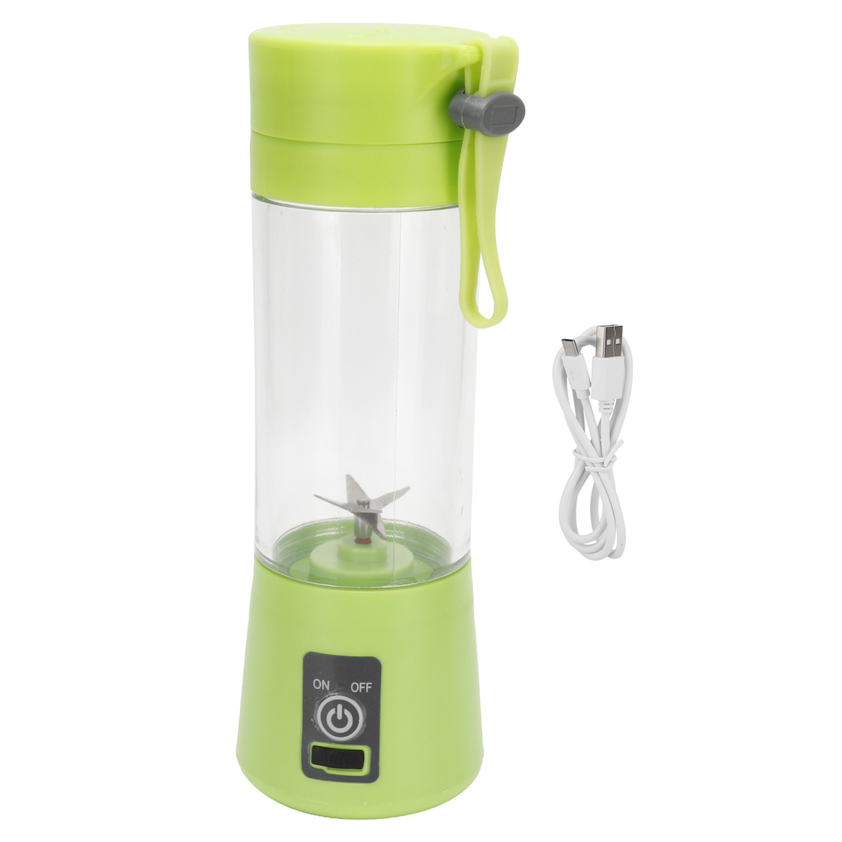 Grüner tragbarer Mixer mit Klingen und einem USB-Ladekabel. Ein-/Aus-Taste sichtbar.