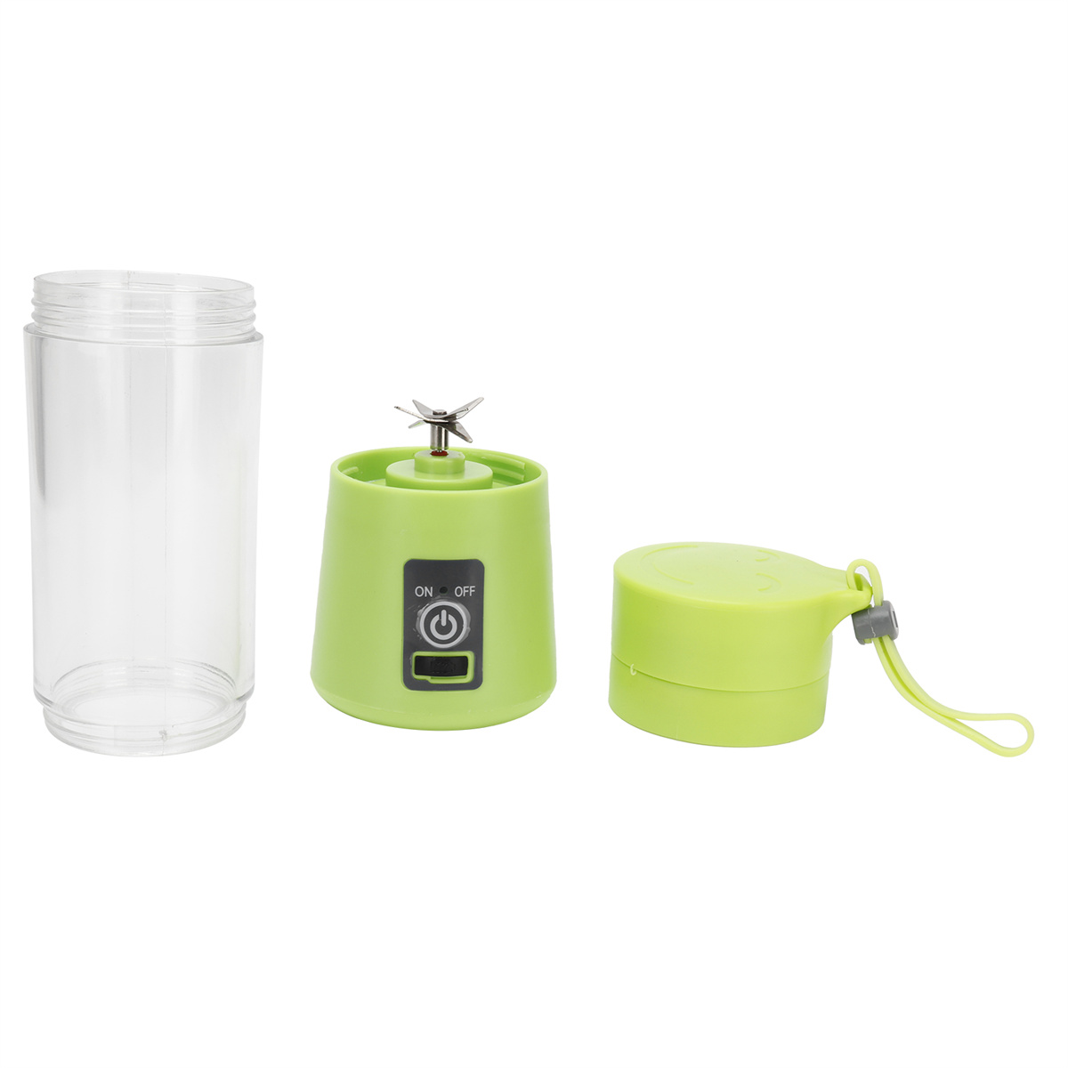 Grüne Mixerbasis mit Ein/Aus-Taste und ein klarer Becher und ein grüner Deckel auf weißem Grund.