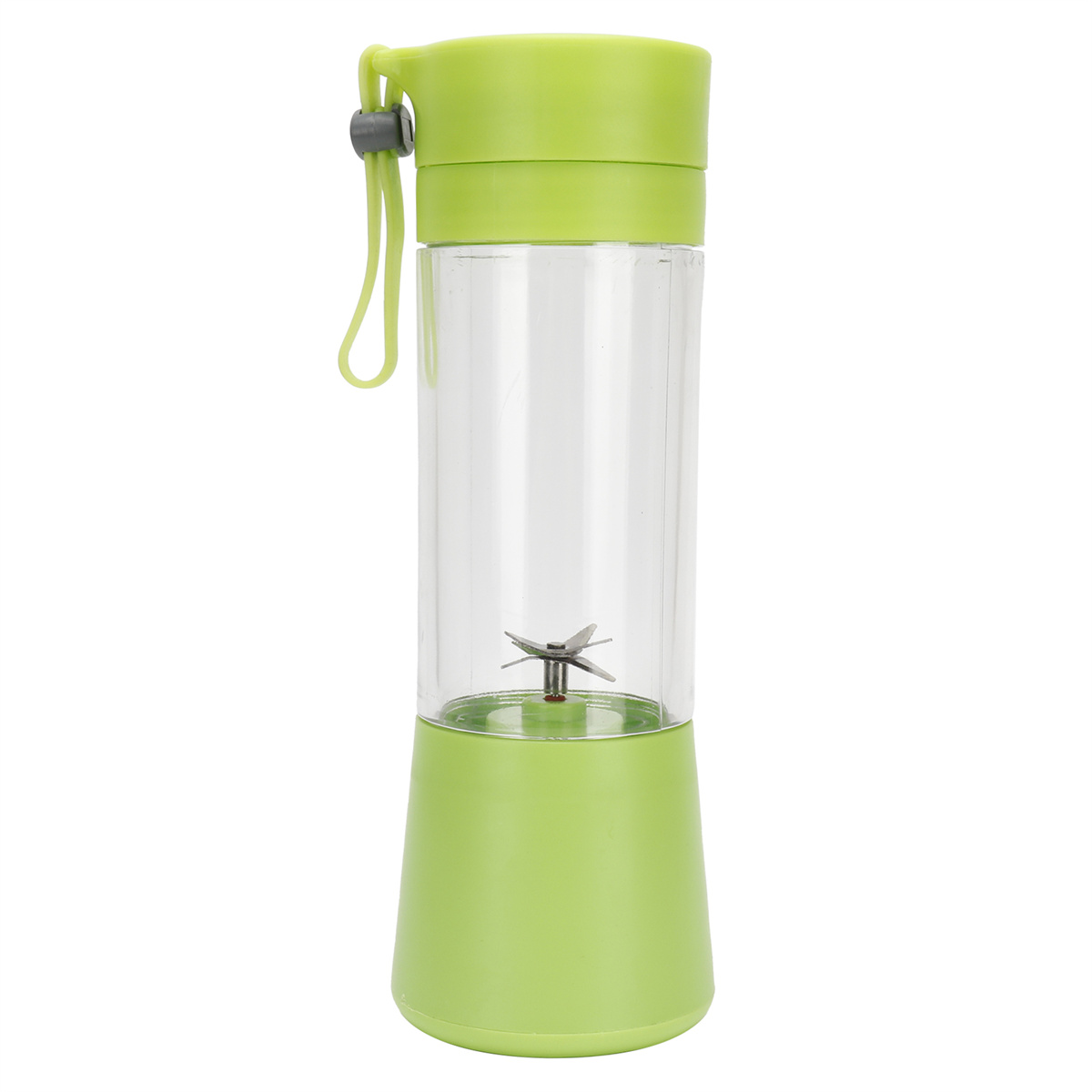 Grüne und transparente Mixflasche. Unten befindet sich eine Klinge.