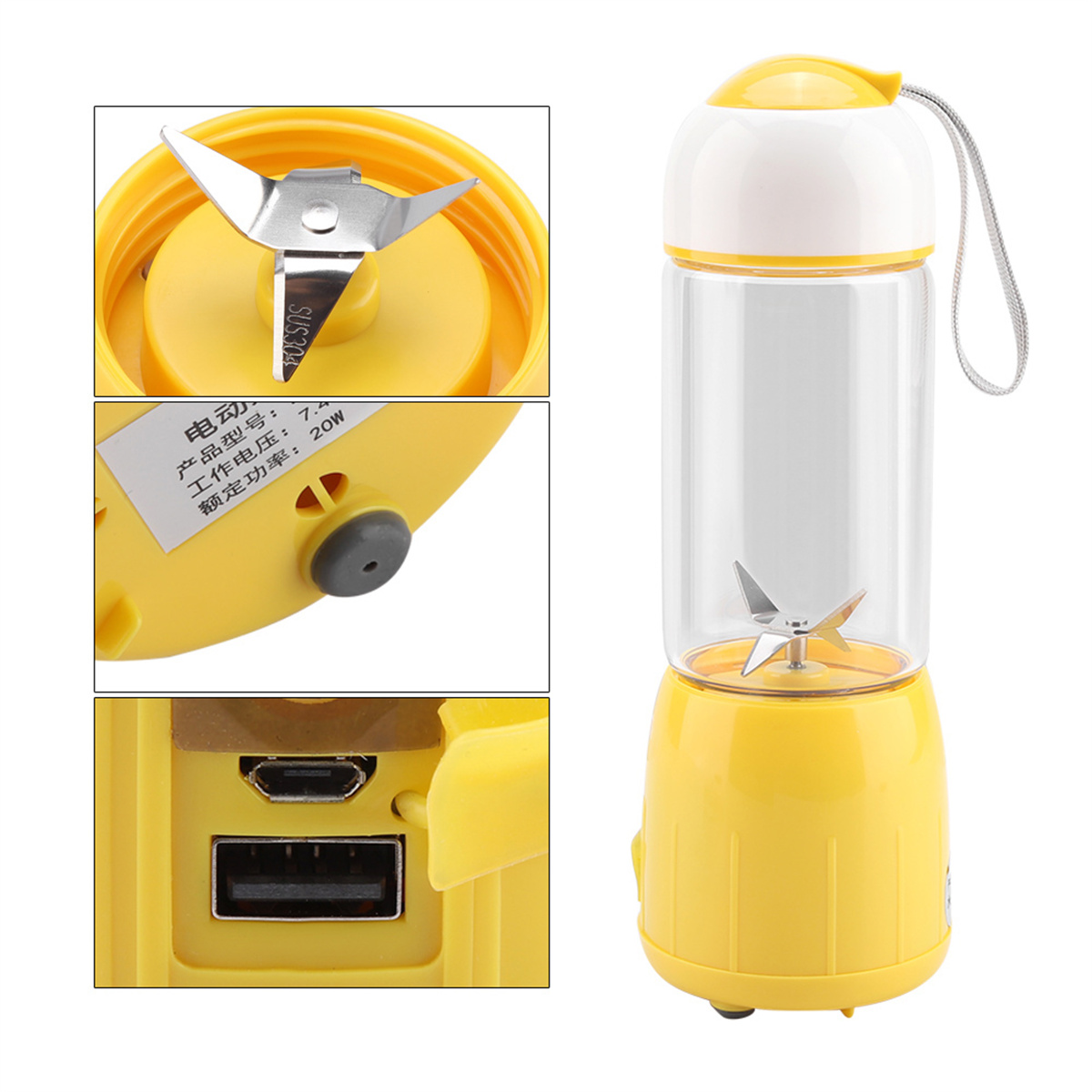 Ein gelber Mixer mit verschiedenen Ansichten: zerlegte Teile, Nahaufnahme der Klinge und USB-Anschluss.