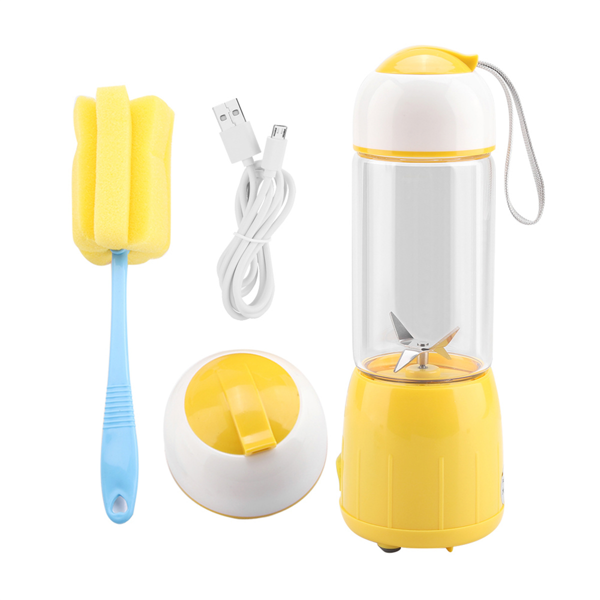 Gelber und weißer Mixer mit Bürste und Ladekabel auf weißem Hintergrund.