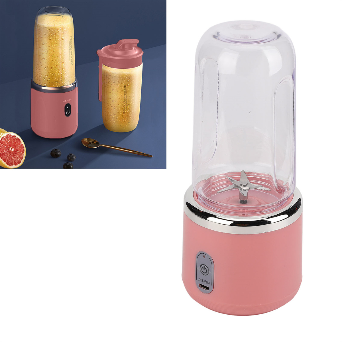 Rosa Mixer mit vollem Becher und einem weiteren Mixer daneben. Ein Löffel und Obst im Bild.