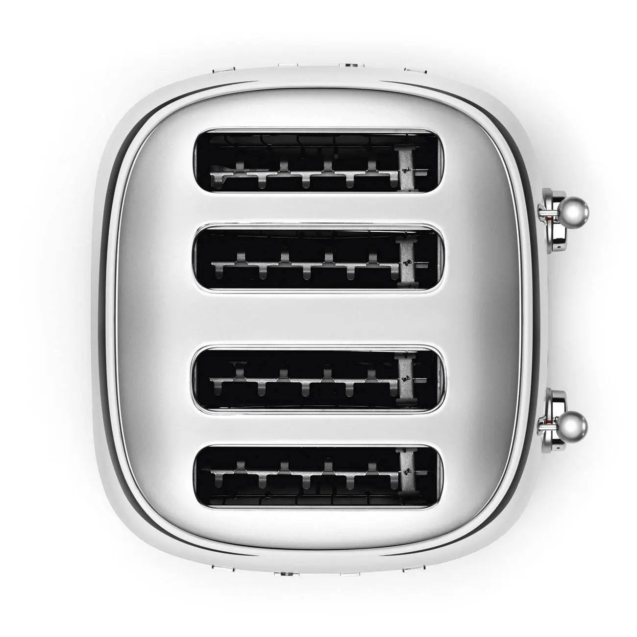 Srebrny toster na cztery kromki z góry. Białe tło.