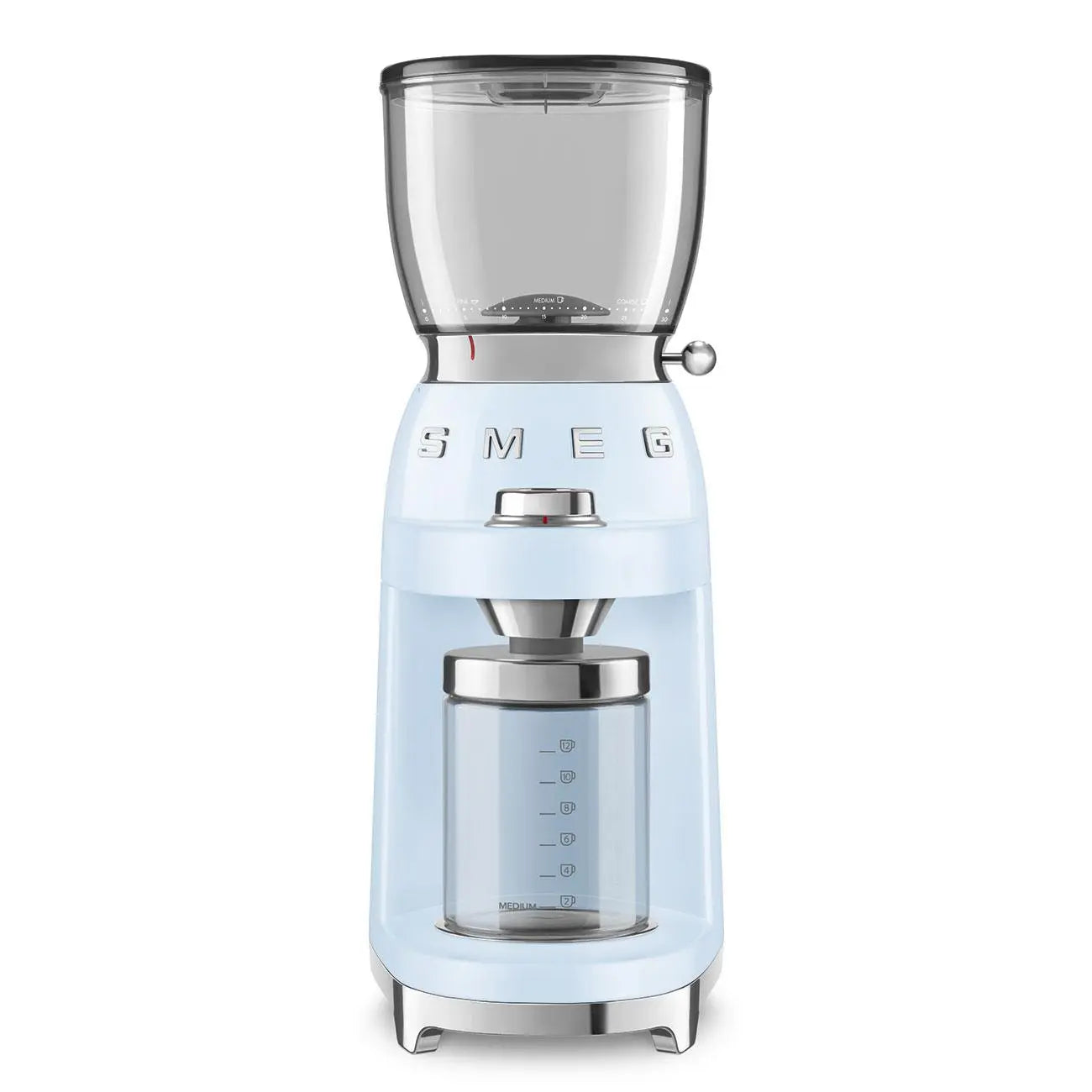 A blue and white electric coffee grinder with a clear bean container and glass jar.