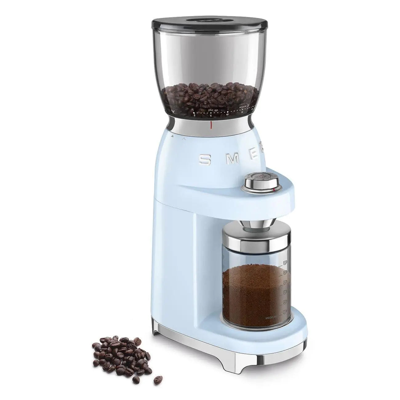 Light blue coffee grinder with beans in the top and ground coffee in a jar.