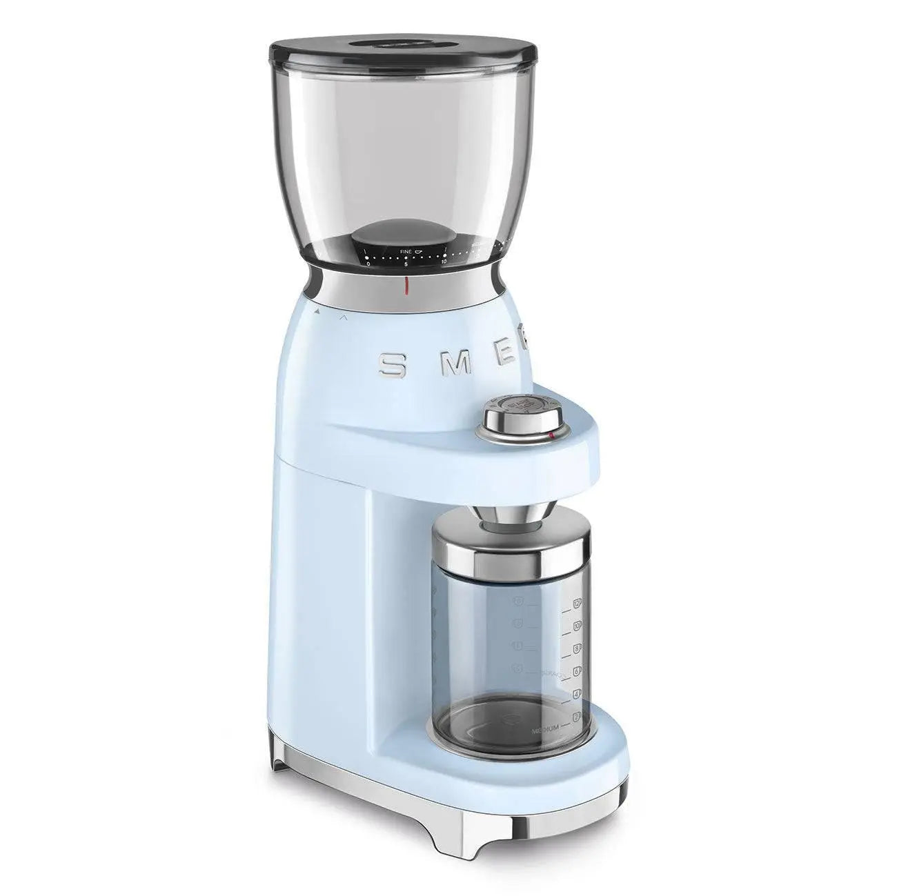 Light blue coffee grinder. It has a clear bean container, and a glass jar for ground coffee.