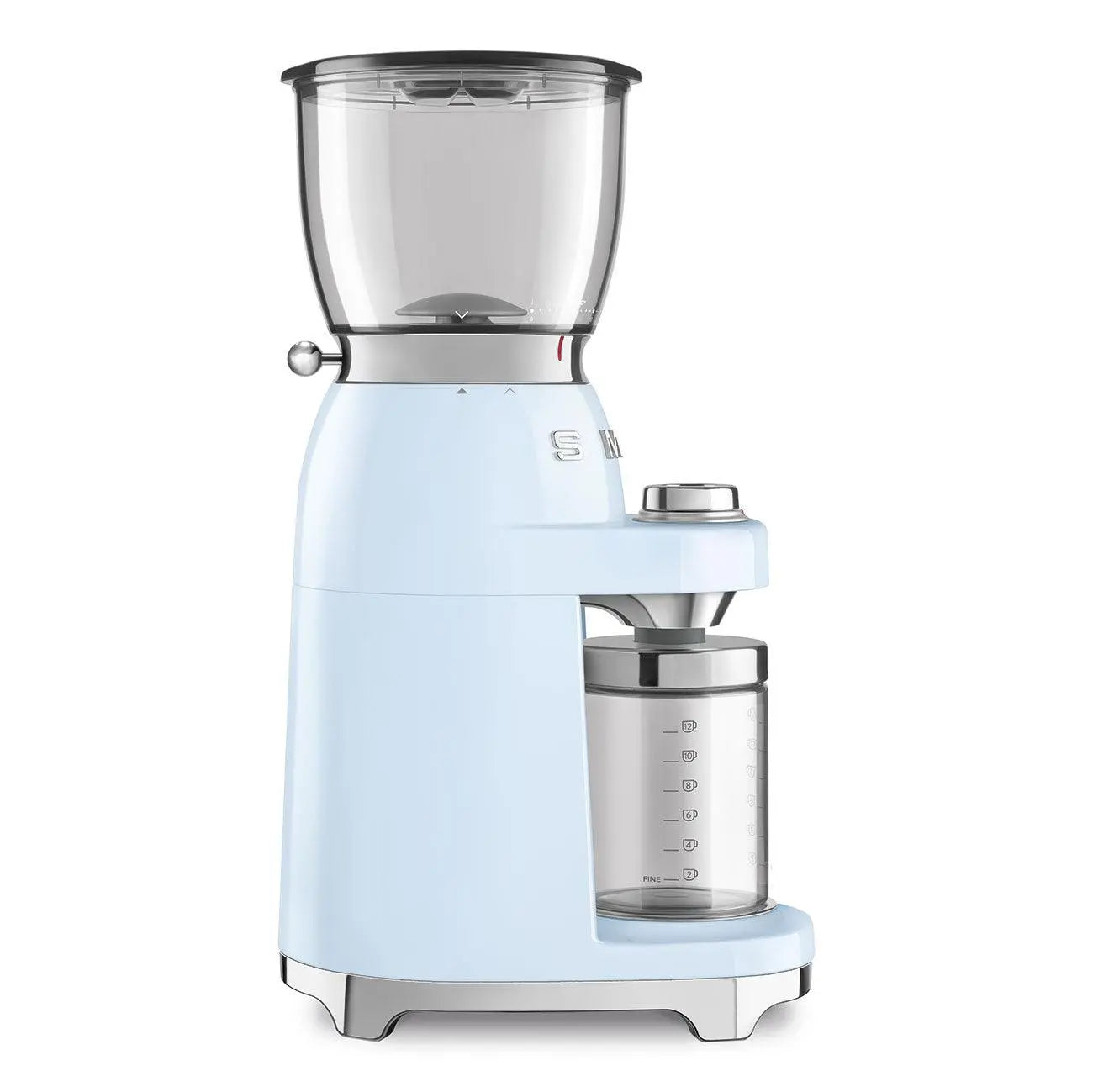 Light blue coffee grinder. Clear bean container. Chrome accents. White background.