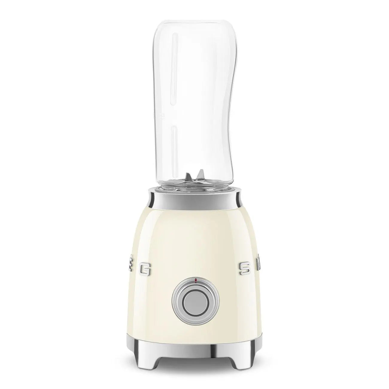 Kremowy blender z przezroczystym pojemnikiem na górze, srebrnymi akcentami i przyciskiem.