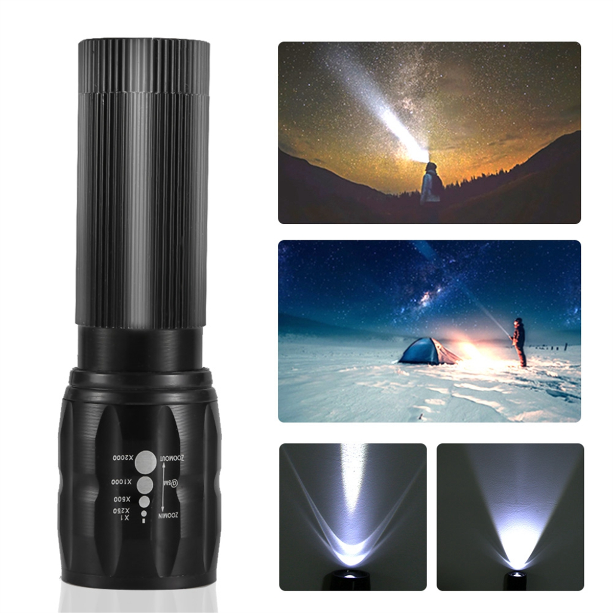 Schwarze Taschenlampe mit Zoomeinstellungen und drei Bildern von Lichtstrahlen bei Nacht.