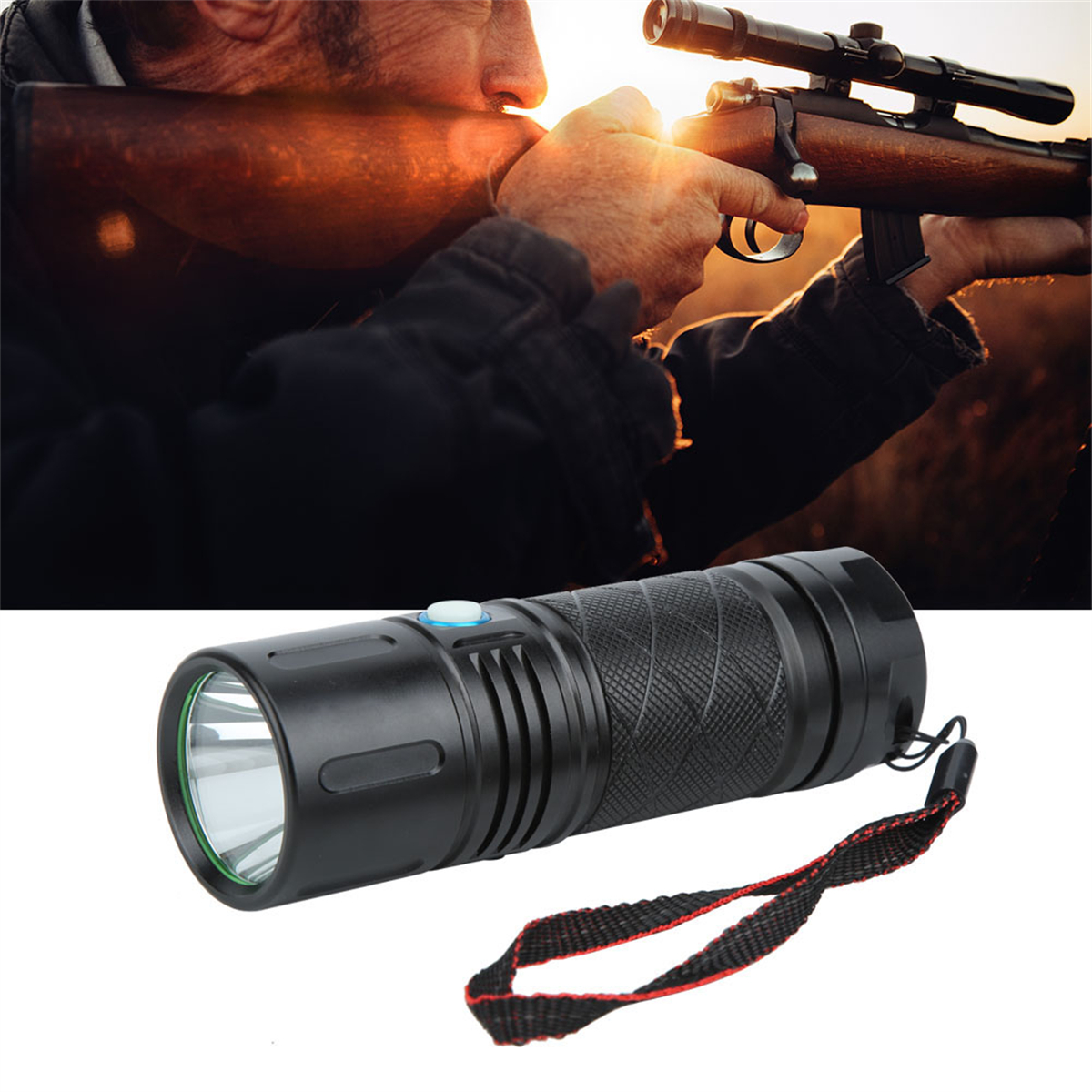 Person zielt mit Gewehr, Taschenlampe im Vordergrund.