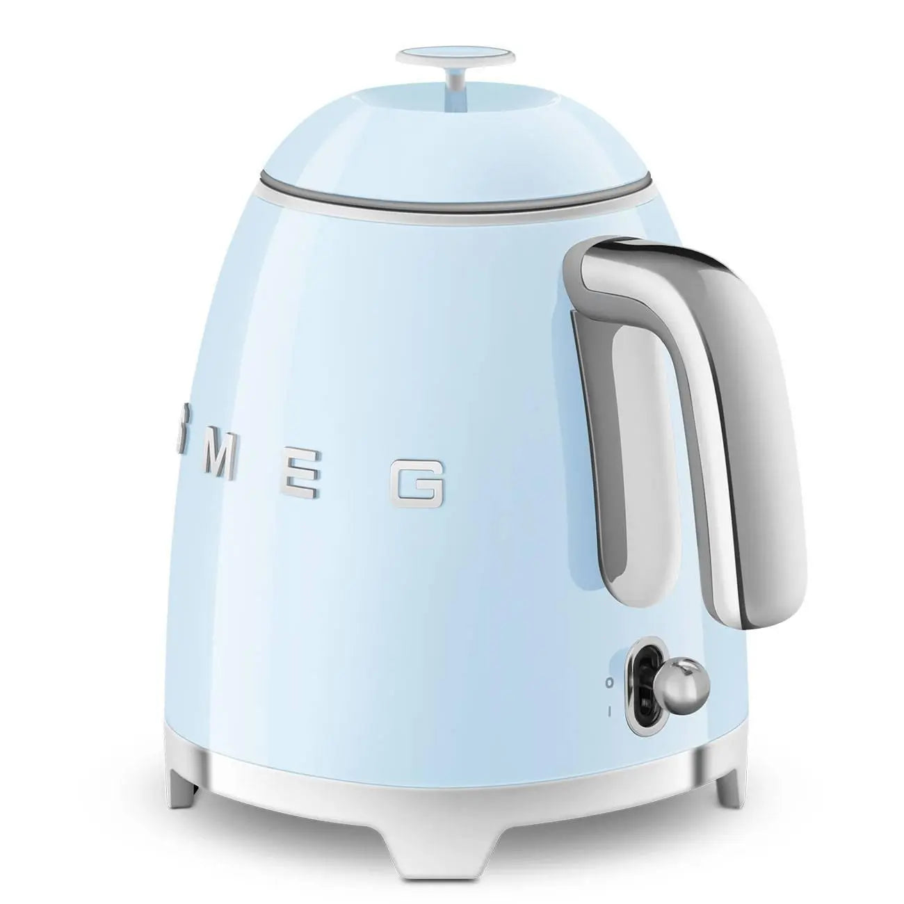A light blue Smeg kettle with a chrome handle and switch, on a white background.