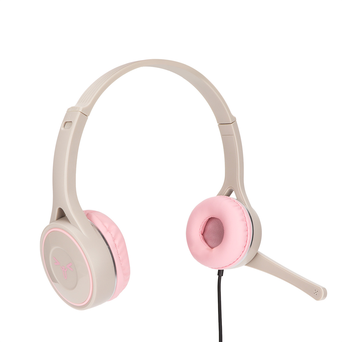 Beige und rosa Kopfhörer mit Mikrofon. Kabel ist angeschlossen.