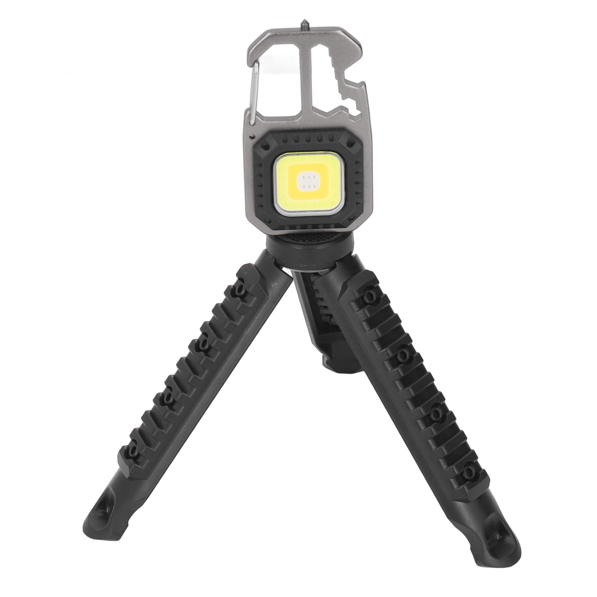 Schwarz-silbernes Multi-Tool-Taschenlampe auf einem Stativ. Es hat ein quadratisches Licht.
