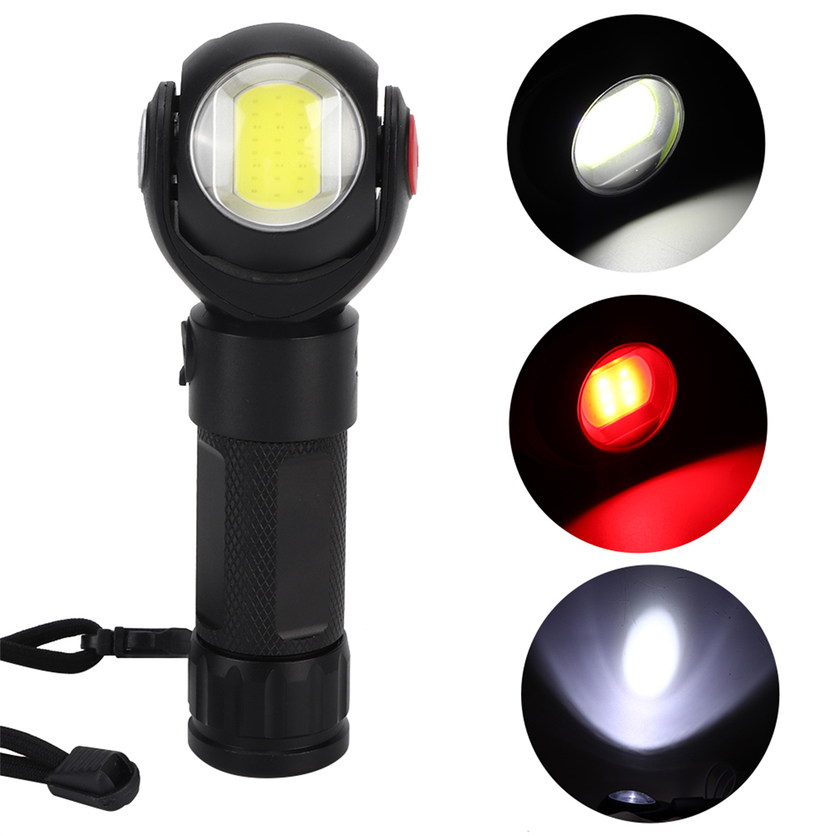 Schwarzes Arbeitslicht mit drei Lichtmodi, auf Weiß. Auch drei Lichtbeispiele.