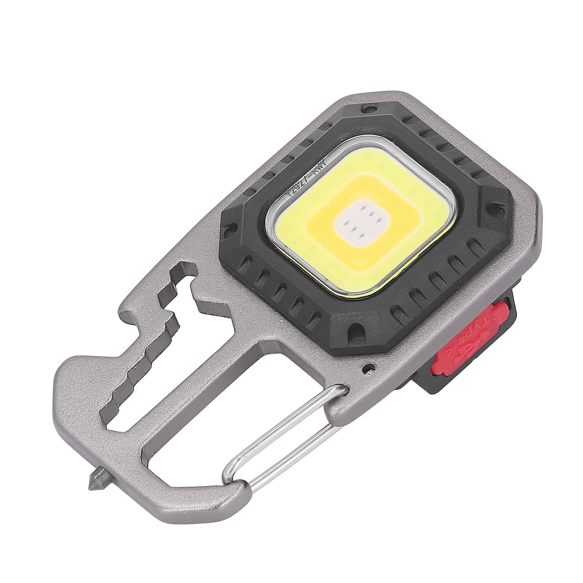 Ein graues Multitool mit Licht und Karabiner. Es hat verschiedene Werkzeuge.