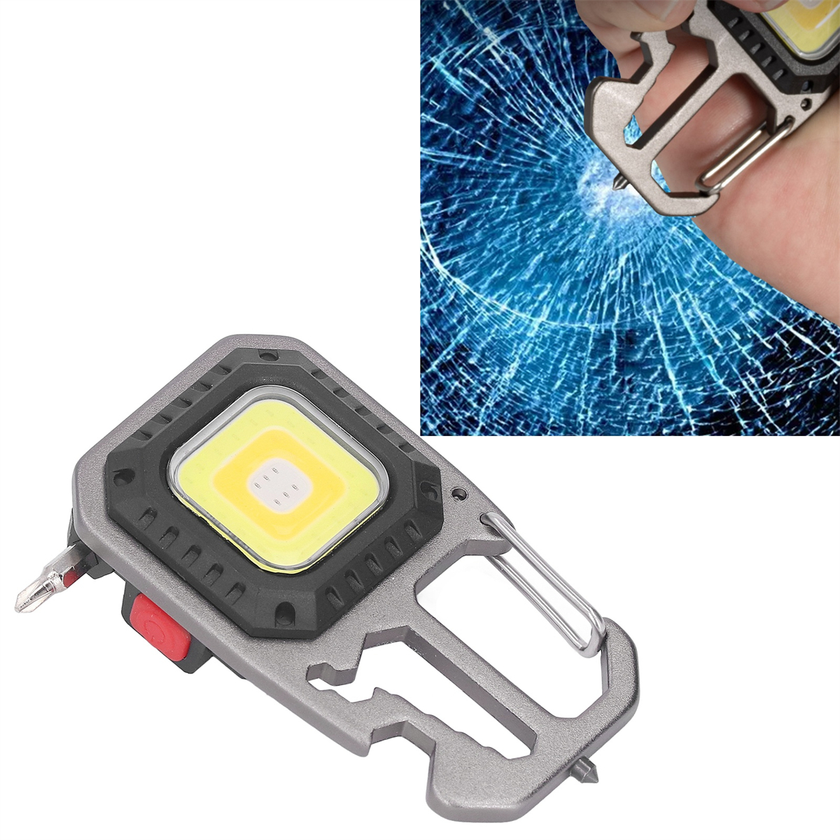 Multitool mit hellem Licht, das Glas zertrümmert.