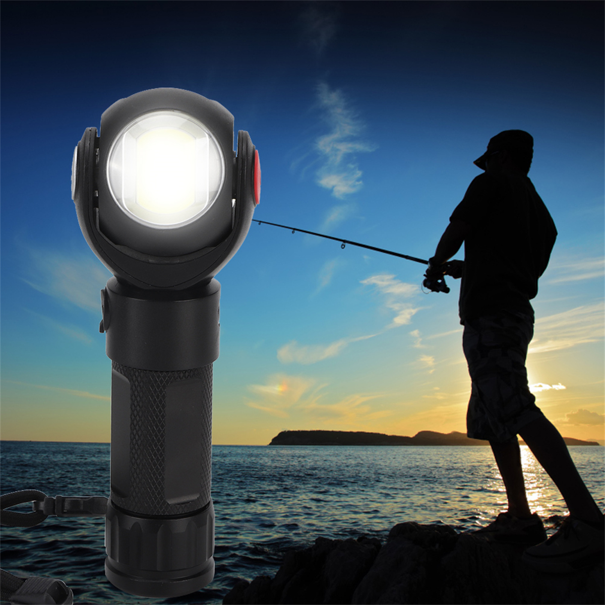 Taschenlampe und Silhouette einer Person, die bei Sonnenuntergang fischt.