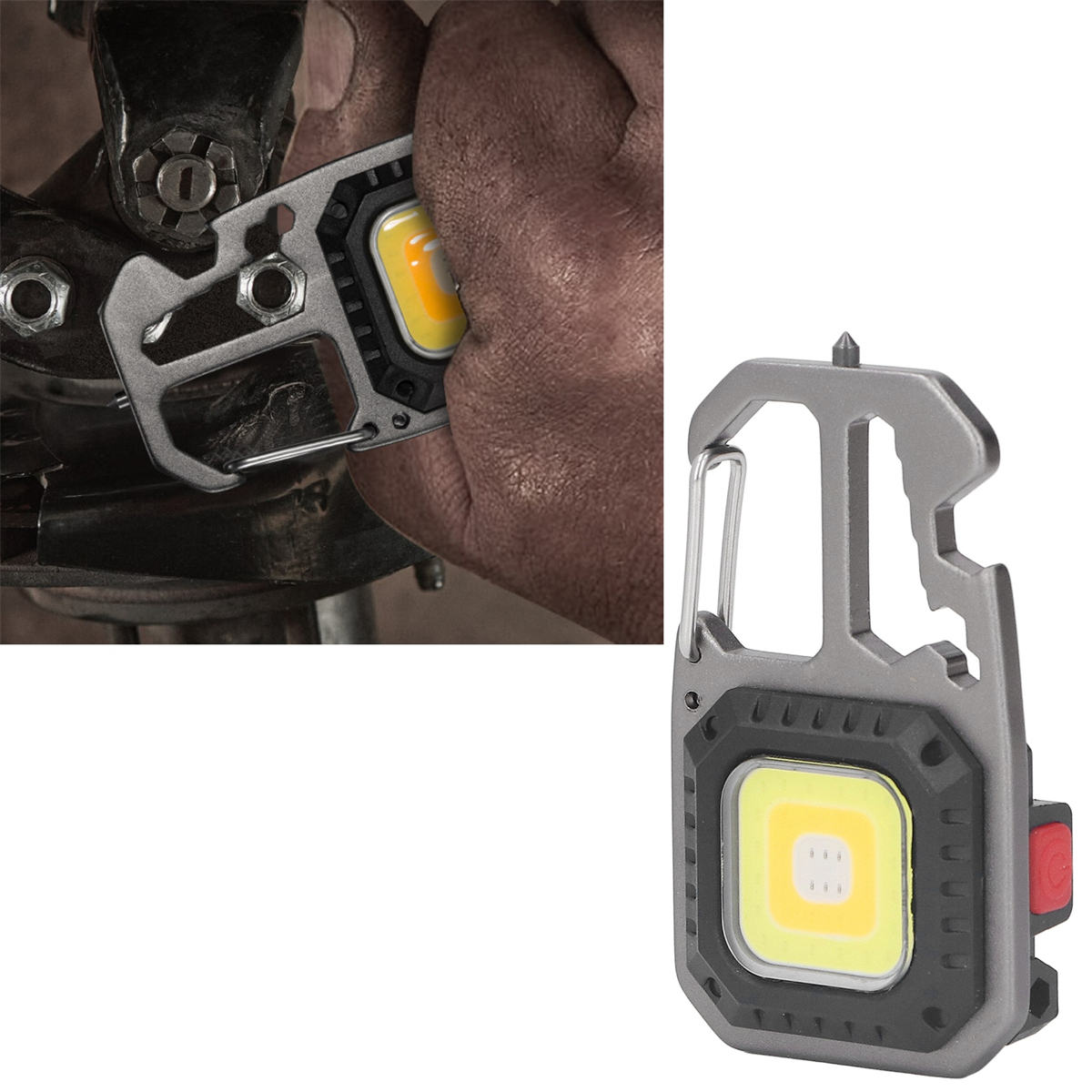 Graues Multitool mit Licht. Das Werkzeug wird mit einer Hand gehalten. Nahaufnahme.